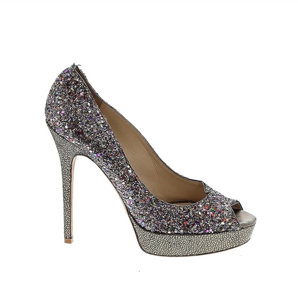 Jimmy Choo Multicolor Glitter Crown Peep Toe Heels